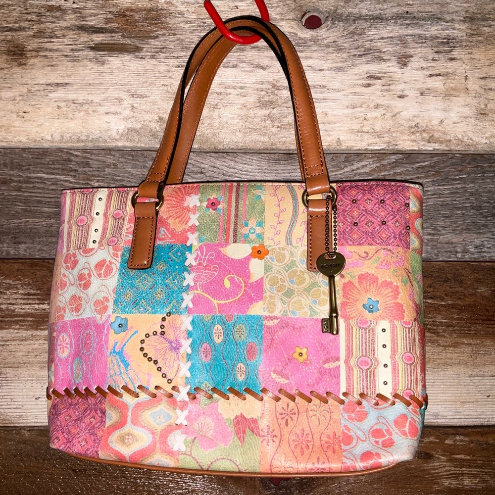Vintage Fossil Patchwork Handbag Shoulder Bag Brown Leather Multicolor Tapestry
